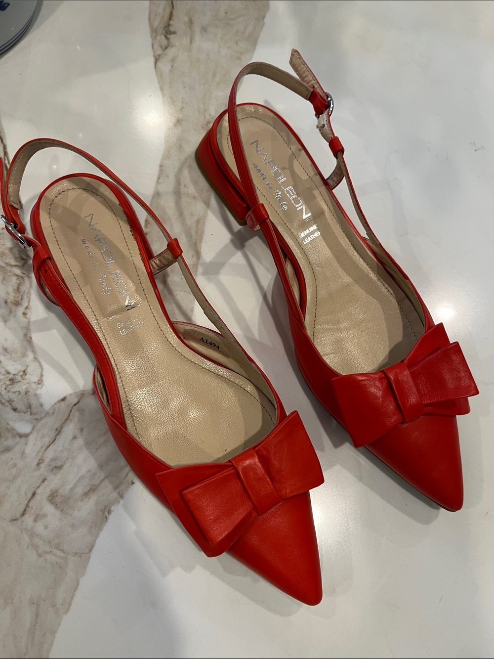 Napoleoni Brick Red Pointed Slingback Flats with Bow made in Italy